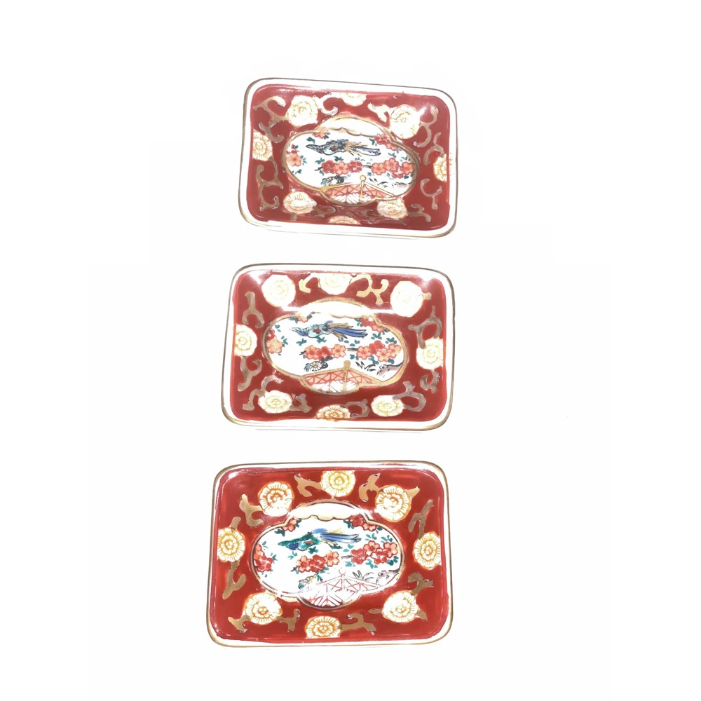 Gold Imari Hand Painted Porcelain Trinket Dishes Set of 3 Red Gold Bird Floral